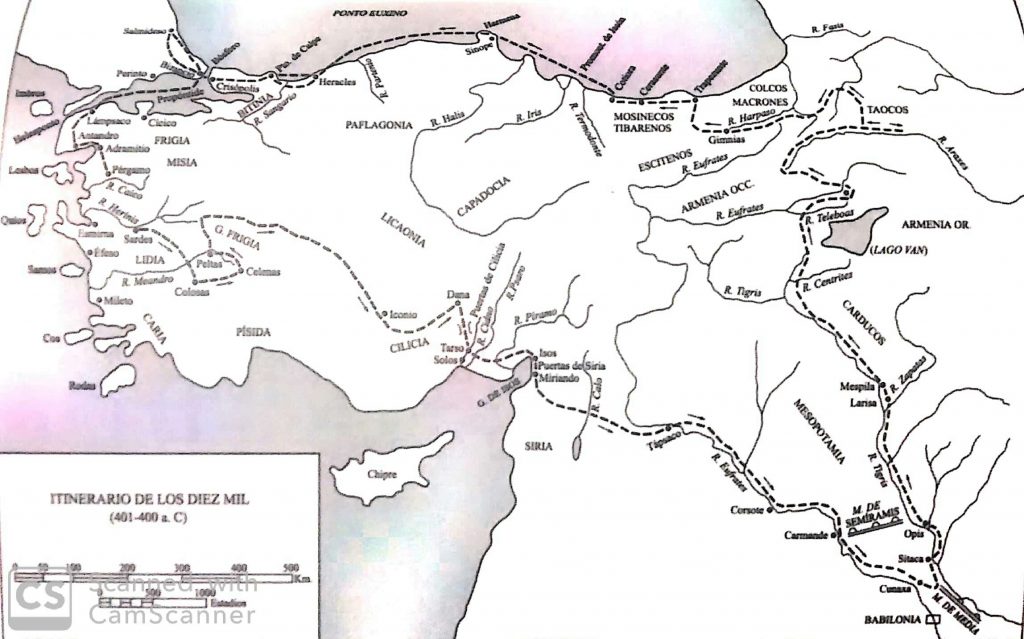 Mapa que marca el itinerario del ejército de los Diez Mil.