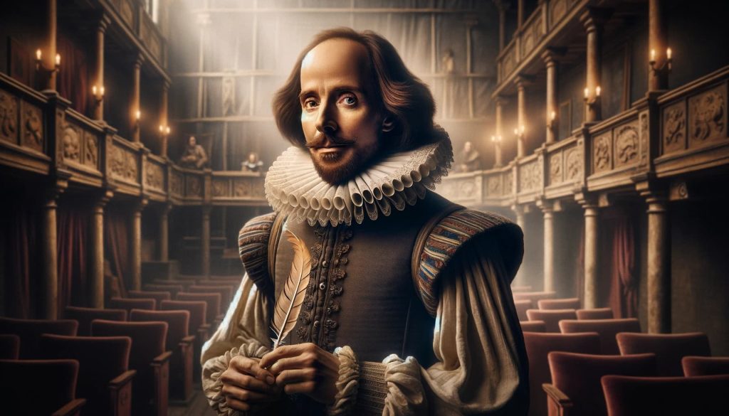 Imagen destacada de William Shakespeare en un teatro isabelino para la biografía del dramaturgo