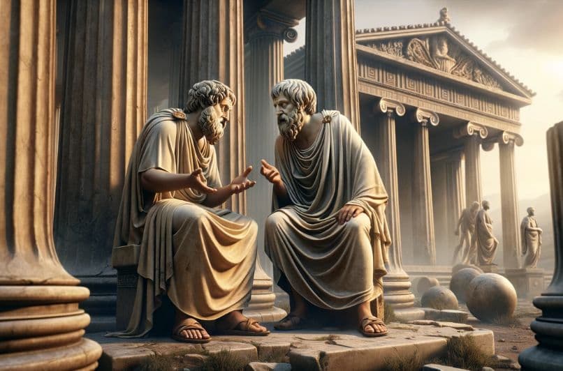 Sócrates empleando la mayéutica en un diálogo con un amigo en la Atenas antigua, entre columnas y arquitectura clásica griega.