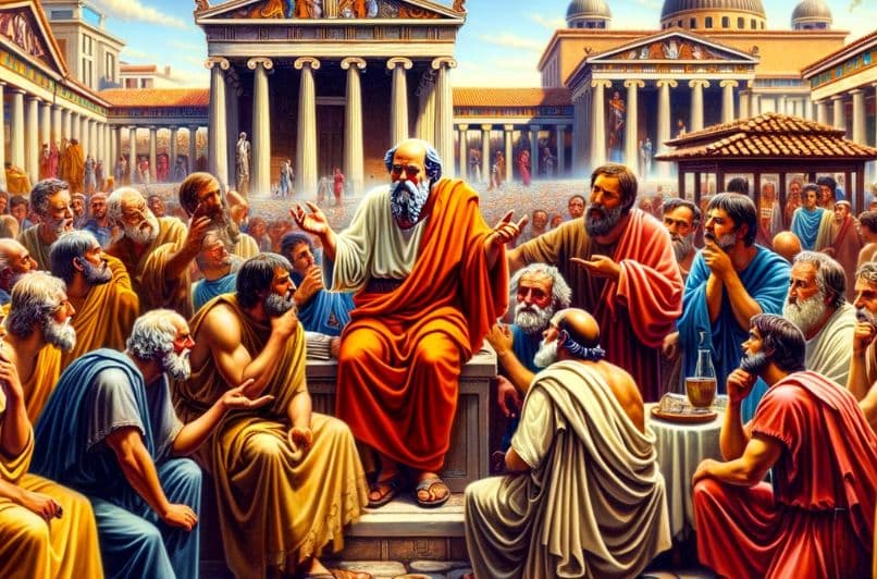 Sócrates dialogando con ciudadanos en la Ágora de Atenas, con arquitectura griega clásica de fondo