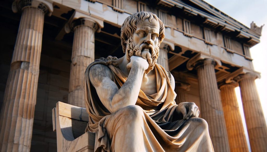 Estatua de Sócrates tallada en piedra, en pose reflexiva y con expresión sabia, ubicada en un entorno histórico con el Partenón y arquitectura clásica griega en el fondo en la antigua Atenas.