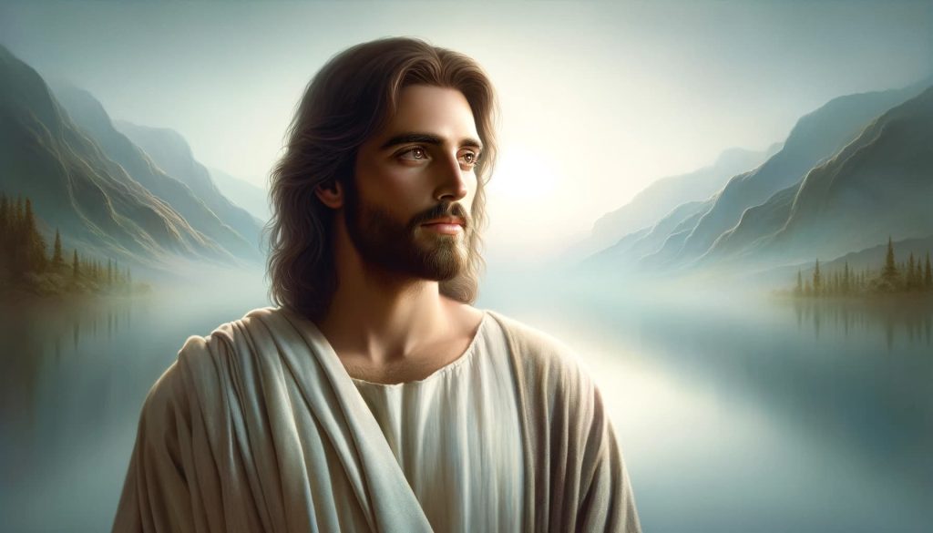 Imagen horizontal de Jesús, un hombre de Oriente Medio con cabello castaño y barba, mirando serenamente hacia adelante, situado en el lado derecho con un fondo que evoca paz y tranquilidad espiritual.