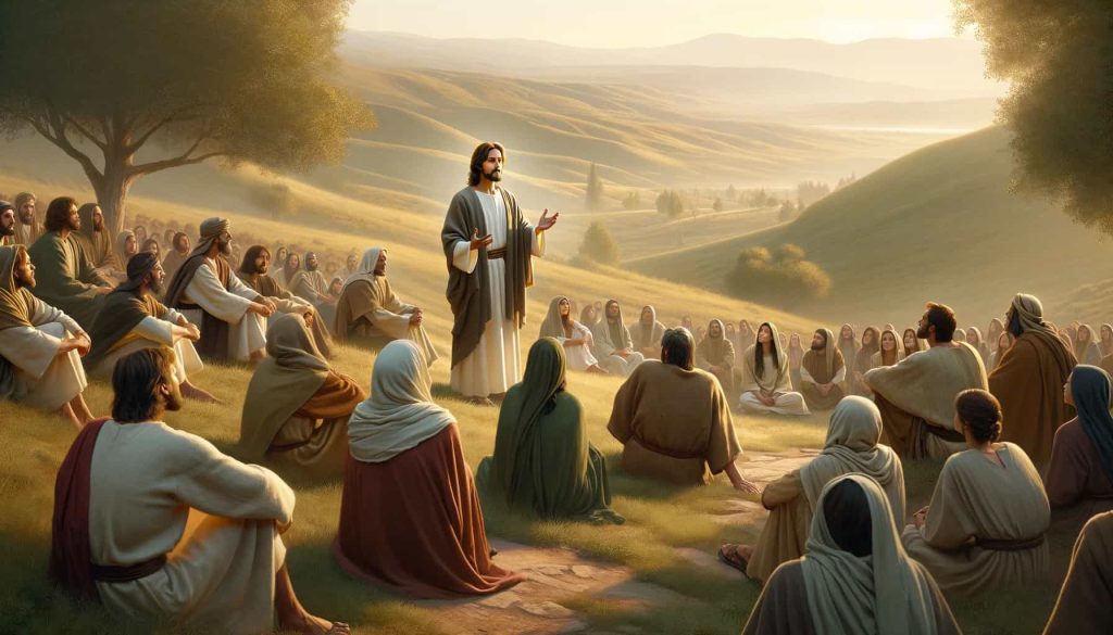 Representación artística de Jesús impartiendo el Sermón de la Montaña a un grupo diverso de seguidores en una colina