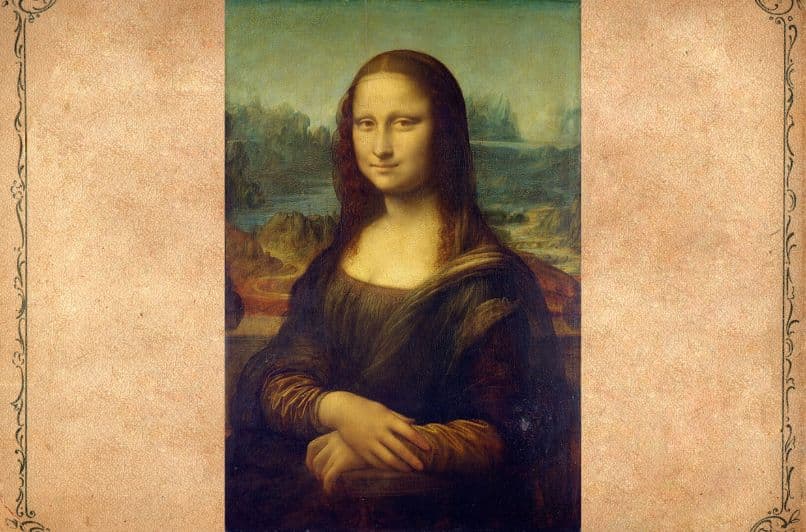 La Gioconda de Leonardo da Vinci, también conocida como La Mona Lisa, con un marco renacentista decorativo.