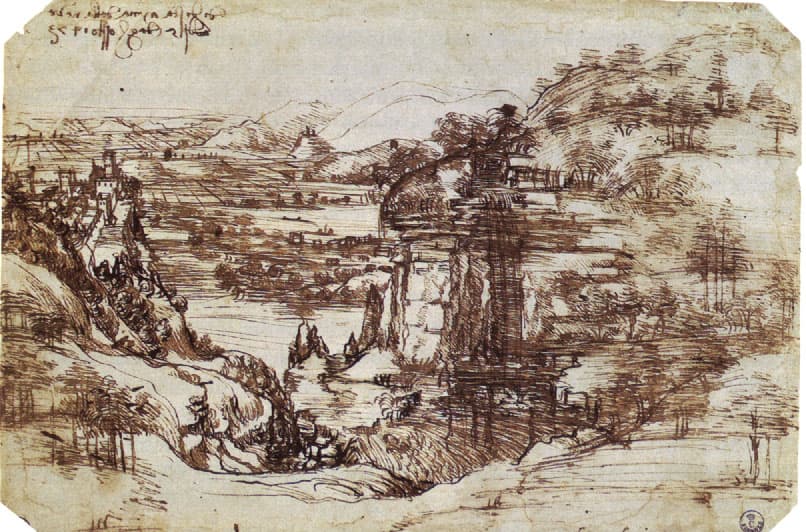 Antiguo dibujo a pluma del Valle del Arno por Leonardo da Vinci, fechado en 1473, mostrando una vista montañosa cerca de Vinci.