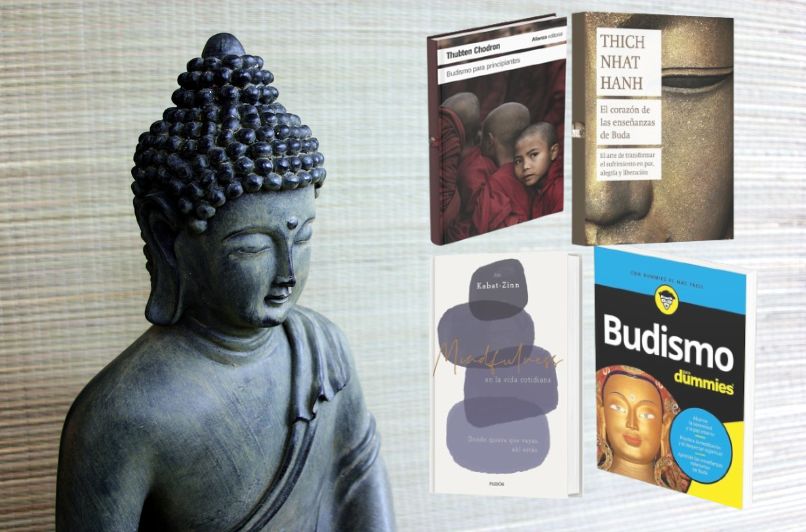 La estatua de Buda ala izquierda de la imagen, mientras que a la derecha se ubican los libros de budismo para principiantes