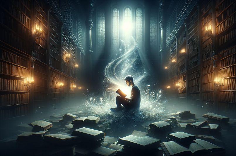 Persona leyendo un libro en una biblioteca oscura con una luz brillante emanando del libro