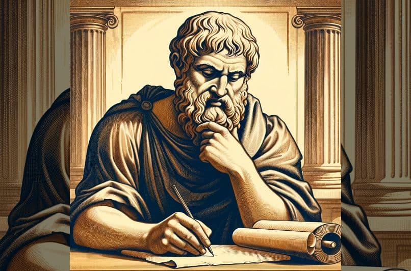 Platón escribiendo en un pergamino en un entorno griego clásico, reflexionando sobre la Idea del Bien.
