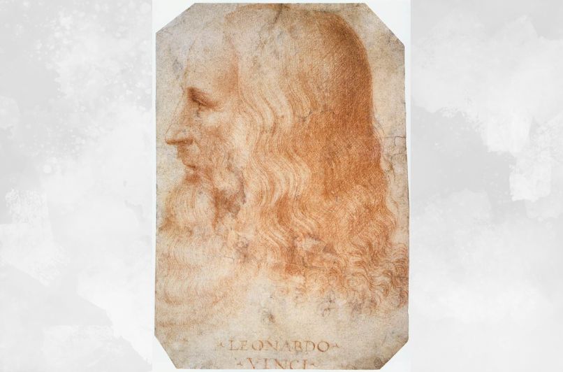 Retrato de Leonardo da Vinci realizado por Francesco Melzi, centrado en un fondo claro y texturizado.