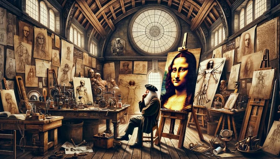 Leonardo da Vinci en su taller renacentista, con 'La Gioconda' y 'El Hombre de Vitruvio' entre sus numerosos trabajos.