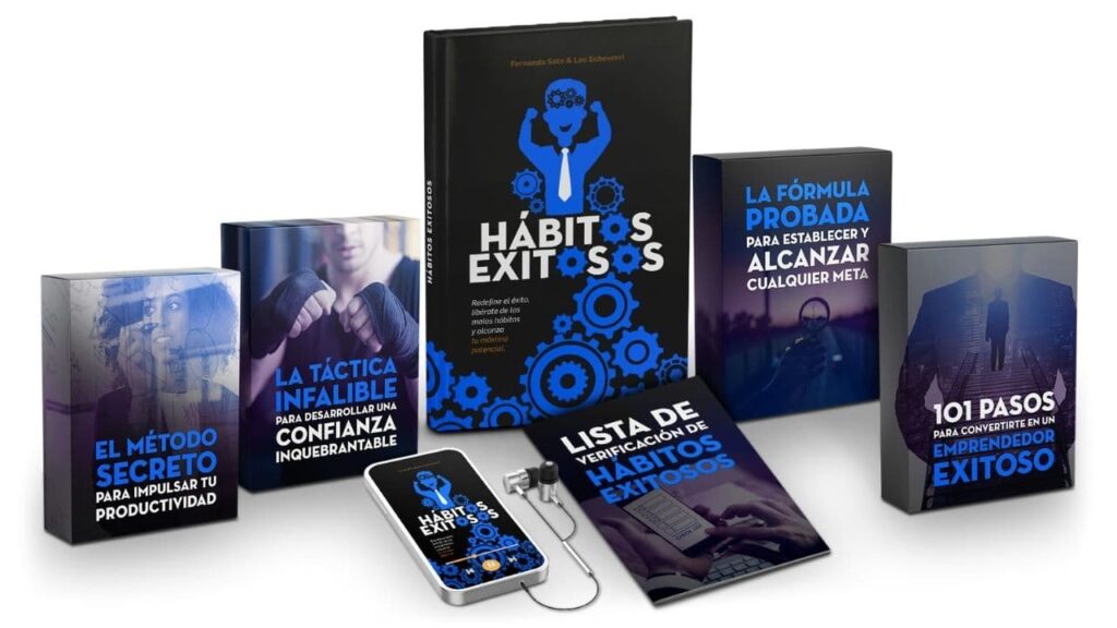 Colección de productos del libro 'Hábitos Exitosos', incluyendo el libro principal, acompañado de guías adicionales sobre confianza, productividad y establecimiento de metas, y un dispositivo móvil mostrando la portada del libro.