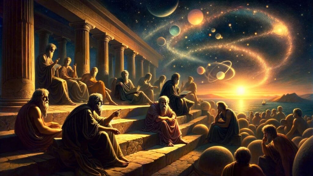 Recreación artística de filósofos antiguos debatiendo en un templo griego con un cielo nocturno estrellado que simboliza el nacimiento de la filosofía y la exploración del cosmos y la existencia.