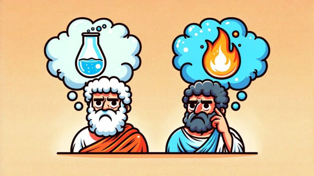 Ilustración de dos figuras a modo de caricatura de filósofos presocráticos, uno con un icono de una probeta de agua y el otro con una llama, representando a Tales de Mileto y Heráclito, quienes consideraban el agua y el fuego como los principios fundamentales de la naturaleza, respectivamente