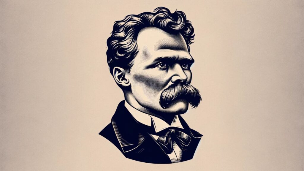 Retrato estilizado de Friedrich Nietzsche con su característico bigote, representando su influencia y presencia en la filosofía contemporánea.