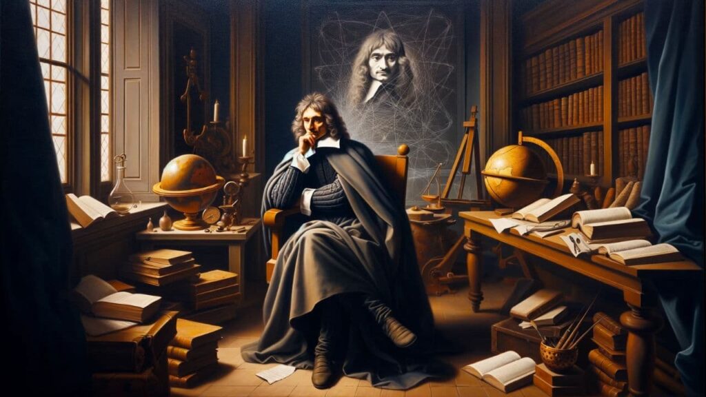 Retrato de René Descartes sentado reflexivamente en su estudio rodeado de libros, con un fondo que incluye un globo terráqueo y un retrato suyo, simbolizando su contribución a la filosofía y la ciencia modernas.