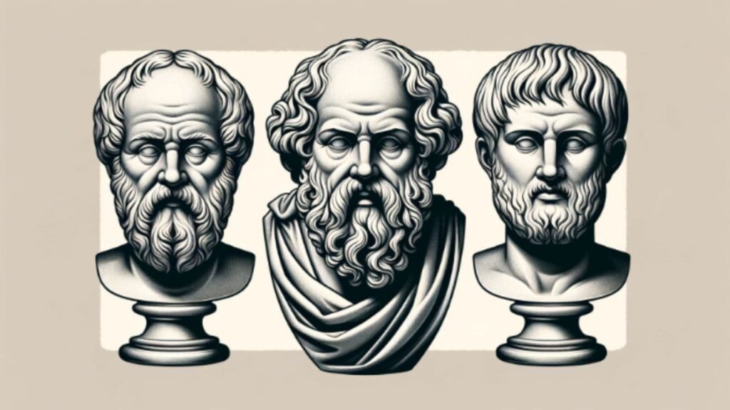La imagen presenta bustos de Sócrates, Platón y Aristóteles, diseñados en un estilo clásico y colocados uno al lado del otro para su comparación y contemplación.