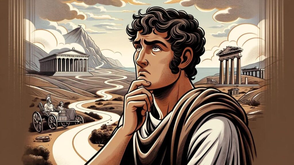 Ilustración de Edipo en actitud pensativa saliendo de Corinto, con un camino serpenteante hacia Delfos y cielo encapotado simbolizando su duda, enmarcado en un paisaje de la Grecia Antigua.